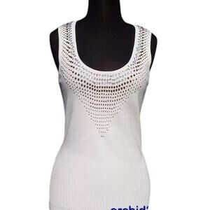 Cache Ivory Rib Knit Multi Color Beaded Embellished Stretch Top New $98 NWT